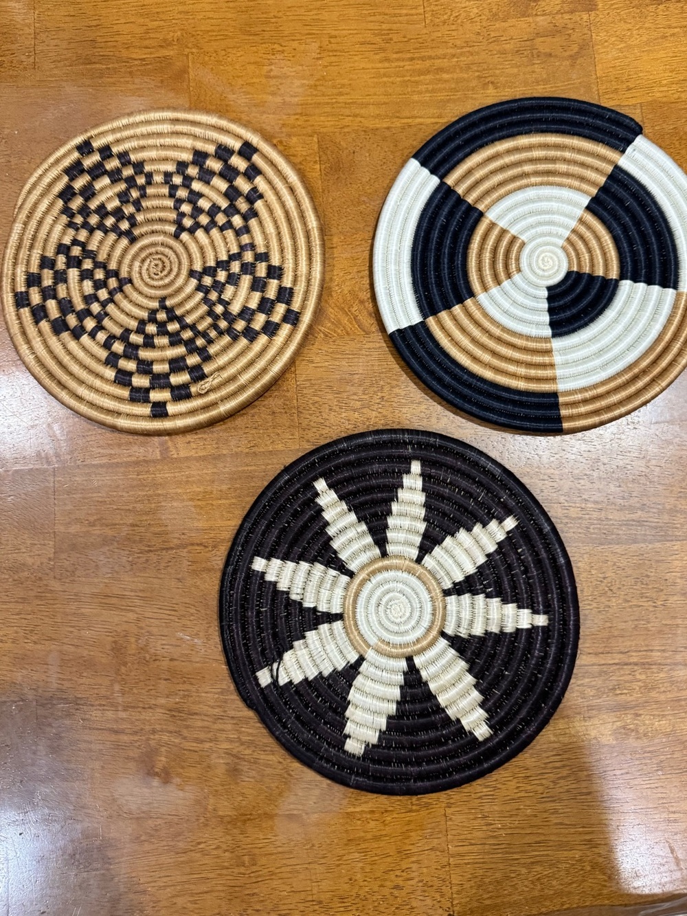 Handwoven Rwandan Round Decorative Trivet Set of 3 - Black, Natural, Cream